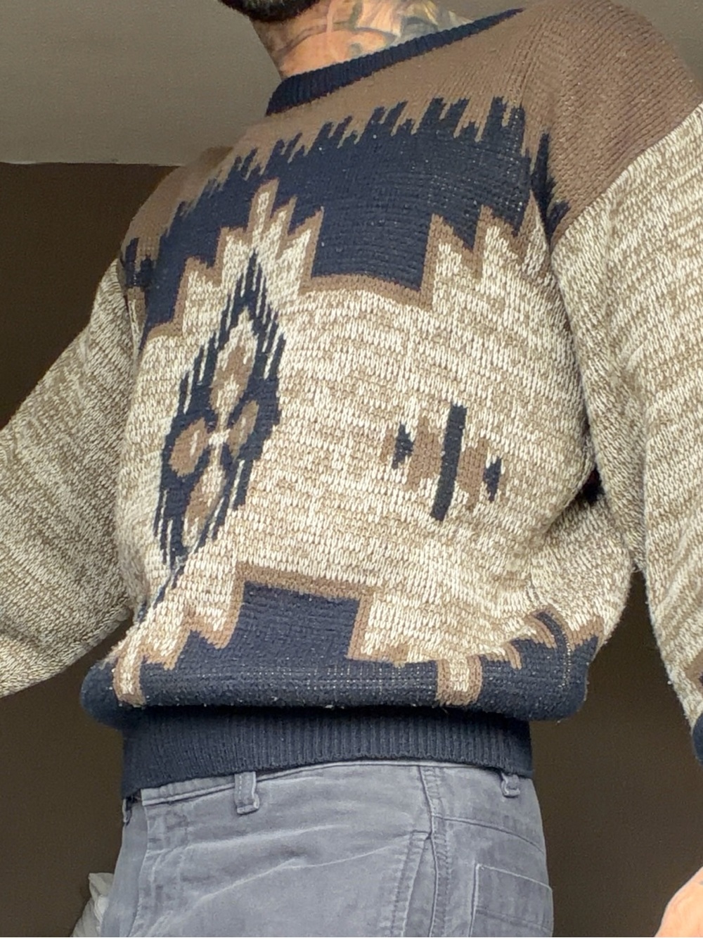 Aprico Brown and Black Geometric Crewneck Sweater